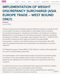 船公司通知：对错误申报征收罚款，7月1日起生效 